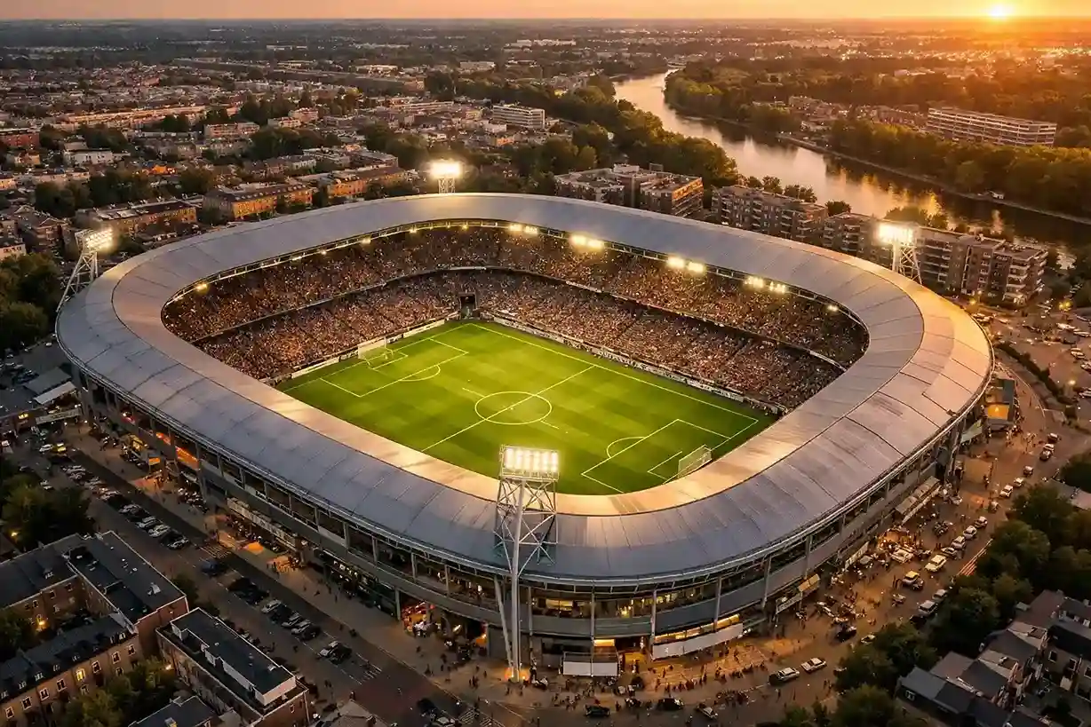 Luchtfoto van iconisch Nederlands voetbalstadion met supporters en lichtmasten