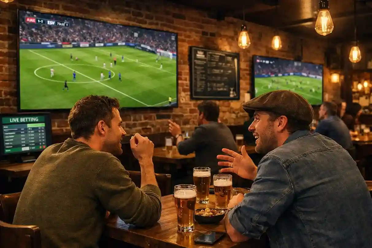 Voetbalfans kijken naar live wedstrijd op groot scherm in sportcafé