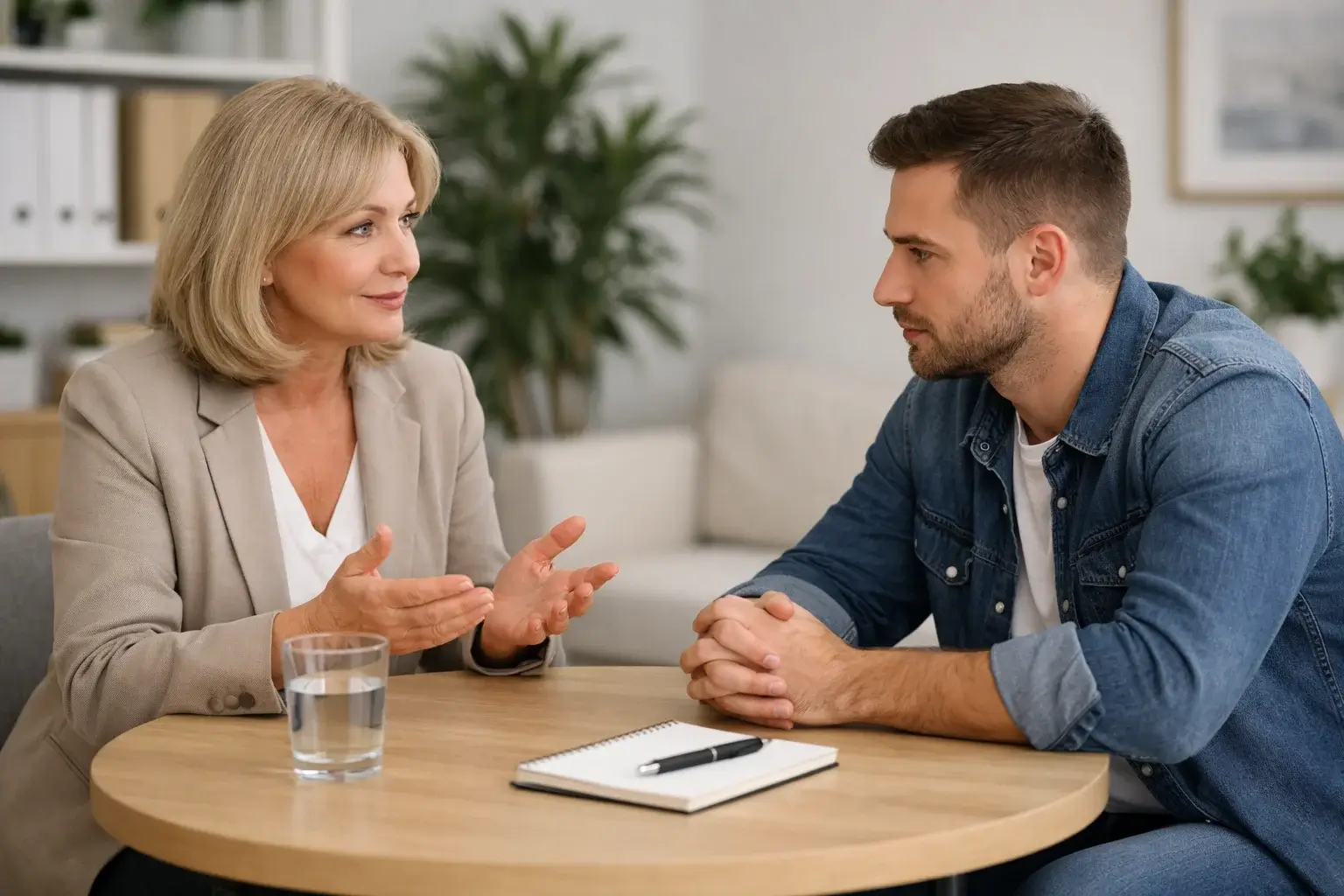 Persoon in gesprek met hulpverlener over verantwoord gokken en speellimieten